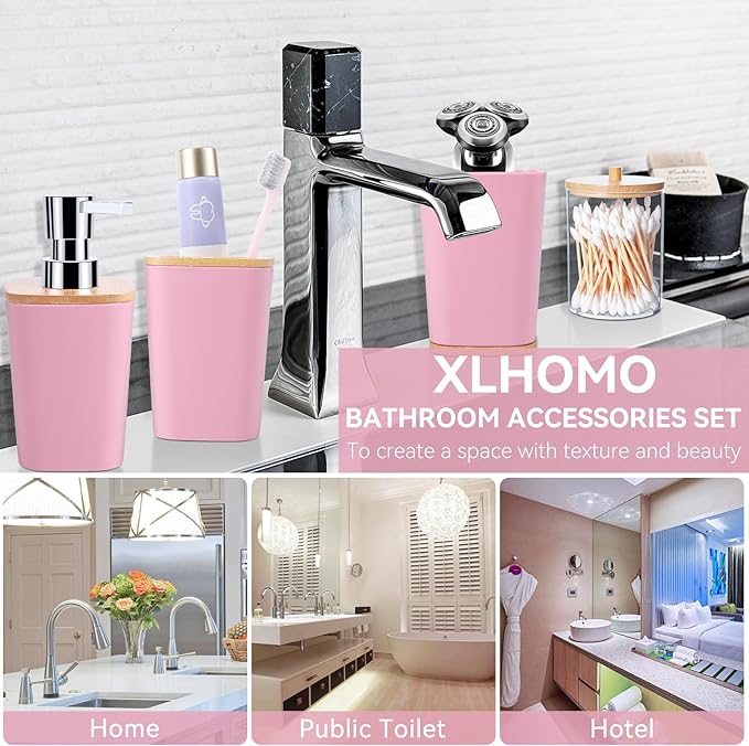 Bathroom Accessories Set, 9 Piece Pink Bathroom Decor Sets with Trash Can,Toothbrush Holder,Toothbrush Cup,Lotion Soap Dispenser,Vanity Tray,Soap Dish,Toilet Brush,Qtip Holder