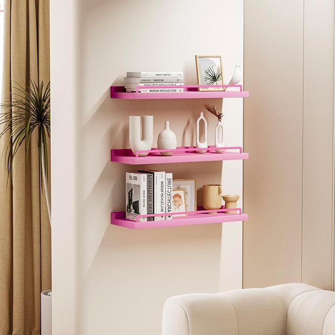 Pink Floating Shelves, Kawaii Room Decor Wall Shelves for Living Room, Bedroom, Picture Frames, Plants, Kitchen - Set of 3 (Rose Pink), 84732428