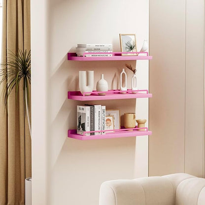 Pink Floating Shelves, Kawaii Room Decor Wall Shelves for Living Room, Bedroom, Picture Frames, Plants, Kitchen - Set of 3 (Rose Pink), 84732428