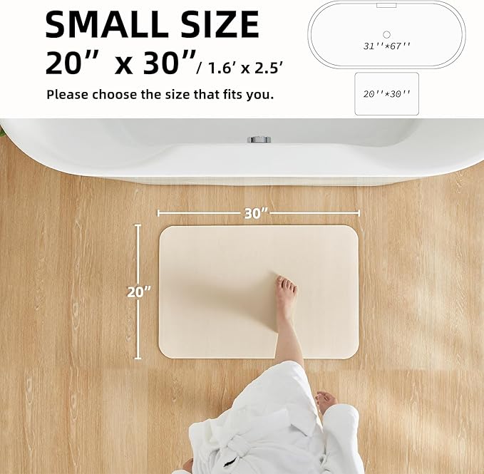 Bathroom Mat Quick Dry, Bathroom Rugs Non Slip Washable Thin Absorbent Bath Mat Fits Under Door Bathroom Floor Mat Perfect for Bath, Shower, or Sink 20"x30" Beige