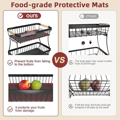3 Tier Fruit Basket for Kitchen Counter with 2 Mobile Banana Hangers, 2025 Pro Detachable Metal Fruit Bowl with Wooden Handle, Fruit Holder for Bread Snack Veggies with Protective Mats