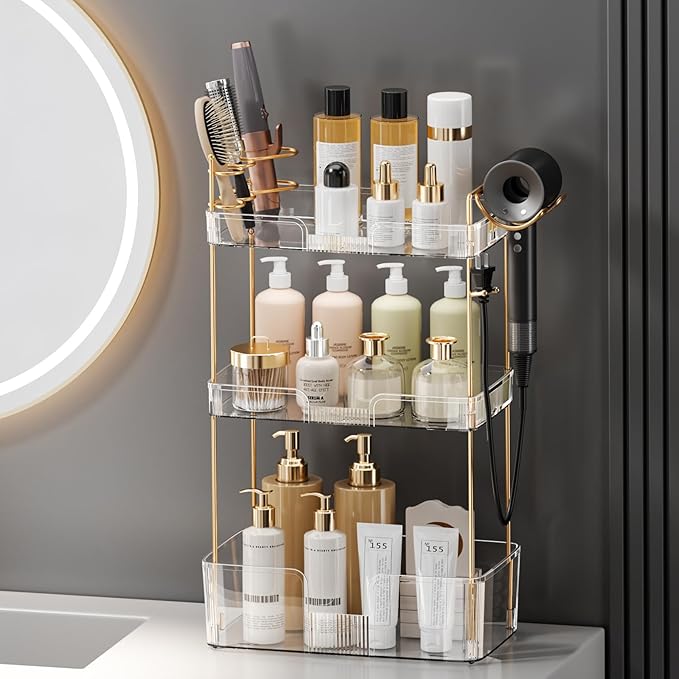 Bathroom Counter Organizer with Hair Dryer Holder, Hair Tool Countertop Storage, Cosmetics Skincare Shelf Organizer, Makeup Organizer Perfume for Dresser Vanity Tray(3 Tier-White)