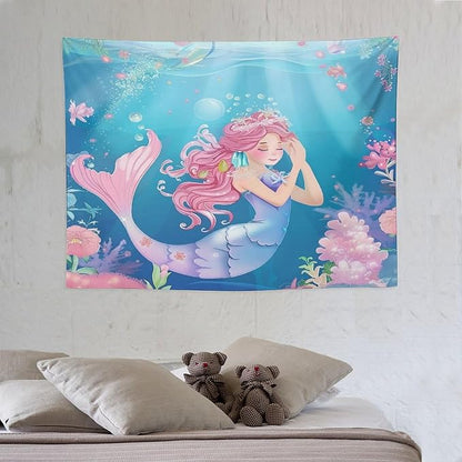 HZOHNAGO Mermaid Girls Tapestry Watercolor Flowers Mermaid Princess Blessing Pattern for Kids Room Decoration Printed Wall Tapestry Wall Hanging for Bedroom Living Room Dorm 40" W x 30" H