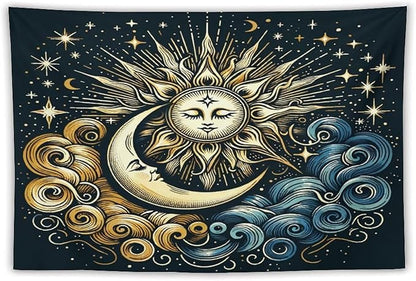 HZOHNAGO Sun Moon Tapestry Boho Golden Stars Pattern Printed Wall Tapestry Wall Hanging for Bedroom Living Room Dorm 90" W x 60" H