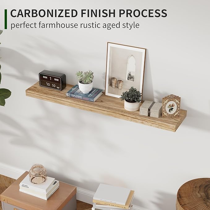 Wood Floating Shelves for Wall Set of 2, 36 Inch Wide Rustic Wooden Floating Shelves, Invisible Wall Mounted Display for Living Room Bedroom Kitchen Bathroom Office, Carbonized Black