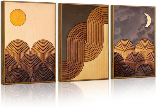 Tinonedraw Boho Mountain Framed Canvas Wall Art Set, Mid Century Modern Geometric Line Wall Decor, Bohemian Sun and Moon Art Paintings, Beige Brown Wooden Artwork for Living Room Bedroom Office 16"x24"x3