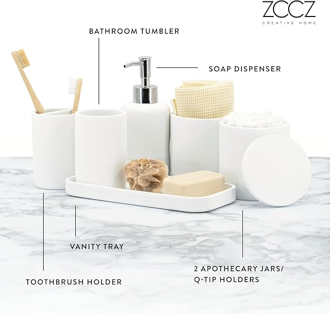 ZCCZ White Bathroom Accessories Set 6 Pieces - Toothbrush Holder, Lotion Dispenser, Qtip Container, Vanity Tray, Tumbler - Countertop Organizer for Bathrooms - Elegant and Functional Décor Set