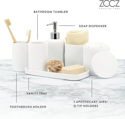 ZCCZ White Bathroom Accessories Set 6 Pieces - Toothbrush Holder, Lotion Dispenser, Qtip Container, Vanity Tray, Tumbler - Countertop Organizer for Bathrooms - Elegant and Functional Décor Set