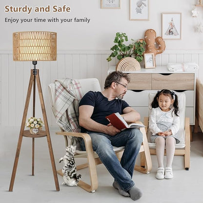 Boho Tripod Floor Lamps for Living Room, Rattan Wood Floor Lamp with Fabric Shades, Mid Century Standing Lamp with Shelf, Foot Switch, Modern Farmhouse Tall Lamps for Bedroom Office Brown