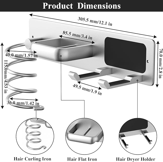 Tindbea Hair Dryer Holder Curling Iron Holder Flat Iron, Blow Dryer Holder Wall Mount, 3 in 1 Bathroom Hair Tool Organizer Rack for Universal Dryer, Silver Color