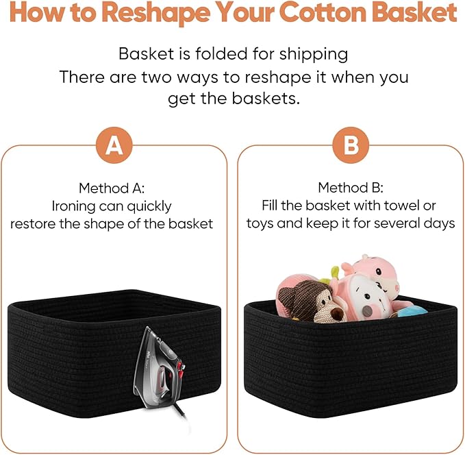 OIAHOMY 4 Pack 14.17*11.02*6.3IN Storage Baskets for Organizing Shelves, Woven Rope Baskets for Organizing Books, Clothes, Decorative Basket for Living Room, Nursery, Bedroom, Gift Basket, Black