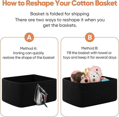 OIAHOMY 4 Pack 14.17*11.02*6.3IN Storage Baskets for Organizing Shelves, Woven Rope Baskets for Organizing Books, Clothes, Decorative Basket for Living Room, Nursery, Bedroom, Gift Basket, Black