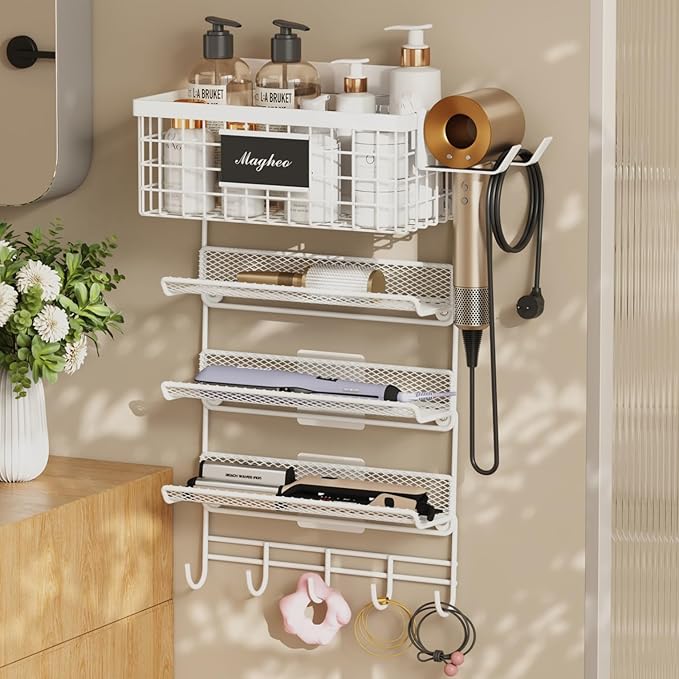Hair Dryer Holder Wall Mounted, Adheisve Hair Styling Tool Organizer for hair Brush/Appliance Wall Mount with 5 Tier Shelf Basket Hooks Blow Dryer and Straightener Holder for Bathroom(White)