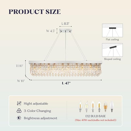 Rectangle K9 Crystal Chandelier,10 Lights Modern Rectangular Hanging Ceiling Pendant Light Fixture for Dining Room Kitchen Island,Polished Chrome Finish L47''xW10''xH10''