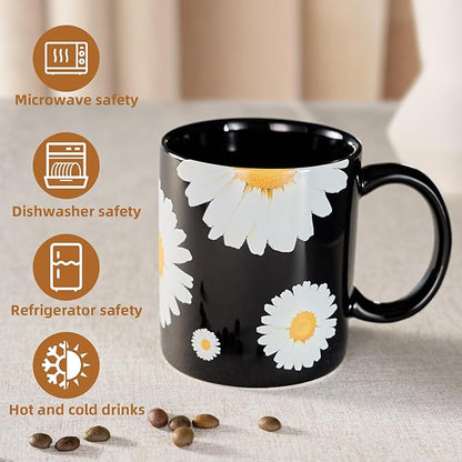 12Oz Daisy floral Black Ceramic Mug, Mug for Daily Coffee and Tea, Lead-free Microwave and Dishwasher Safe Coffee Mug, Perfect gifts for Women and men