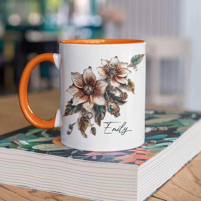 Customized Name Coffee Cup, Custom Steampunk Floral Design Cup, Personalized Flower Lover Ceramic Cup 11oz, White Mug Gift For Floral Enthusiasts, Steampunk Flower Cup For Birthday