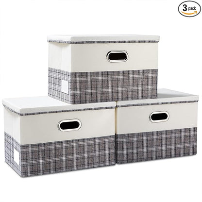 PRANDOM Large Collapsible Storage Bins with Lids [3-Pack] Fabric Foldable Storage Boxes Organizer Containers Baskets Cube with Cover for Home Bedroom Closet Office Gray plaid & Cream(17.7x11.8x11.8)