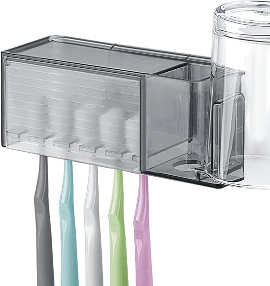 5 Slots Wall Mount Toothbrush Holder with Cover, Self Adhesive Toothbrush Storage Organizer for Shower, Toothpaste & Toothbrush Hanger for Bathroom, Medicine Cabinet, Dorm (Gray)
