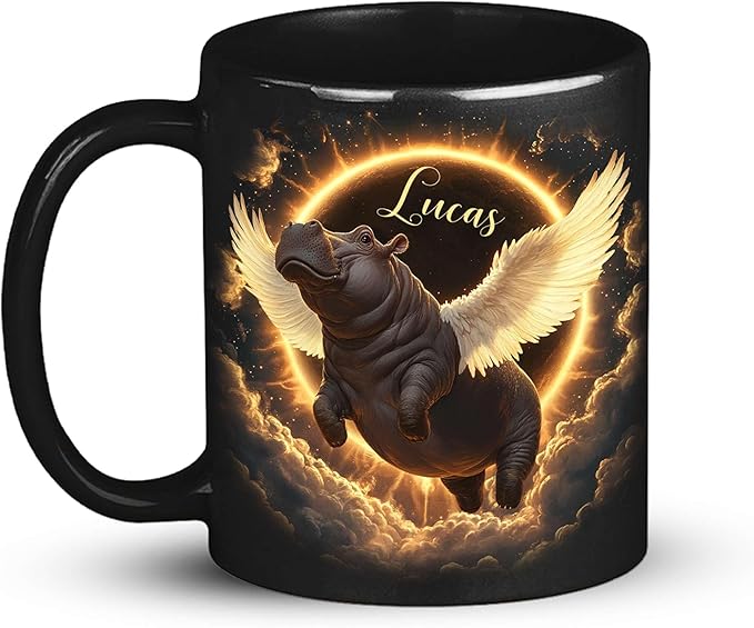 Personalized Choose Name Coffee Mug, Custom Hippo Ceramic Coffee Cup 11oz 15oz, Fantasy Animal Black Cup for Kids, Custom Whimsical Hippo with Wings Mug, Gifts for Holiday