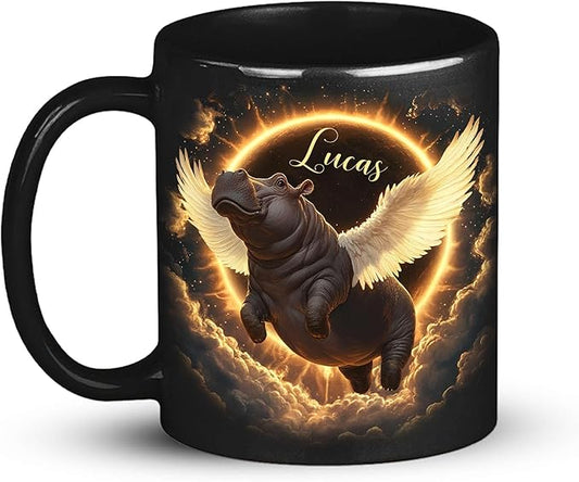 Personalized Choose Name Coffee Mug, Custom Hippo Ceramic Coffee Cup 11oz 15oz, Fantasy Animal Black Cup for Kids, Custom Whimsical Hippo with Wings Mug, Gifts for Holiday