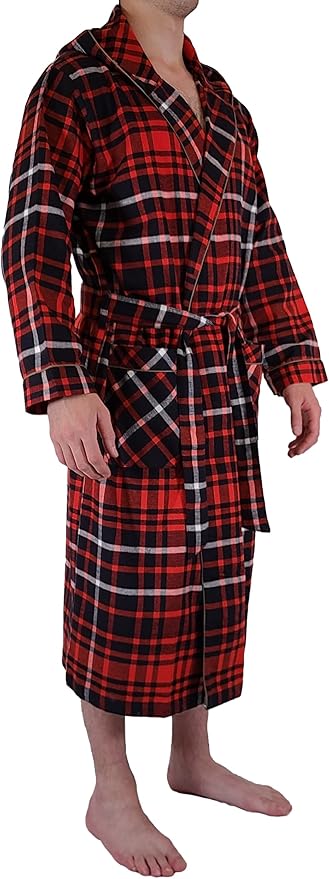 Andrew Scott Mens' Robe with Hoodie| Cotton Flannel Brush Plaid | All Season | Full Length House Robe