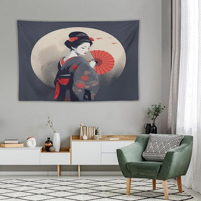 Japanese Woman Geisha Tapestry Asian Red Cherry Blossom Red Sun Traditional Kimono Folk Tapestries Home Decor for Living Room Bedroom Apartment Farmhouse Dorm 60"x40"