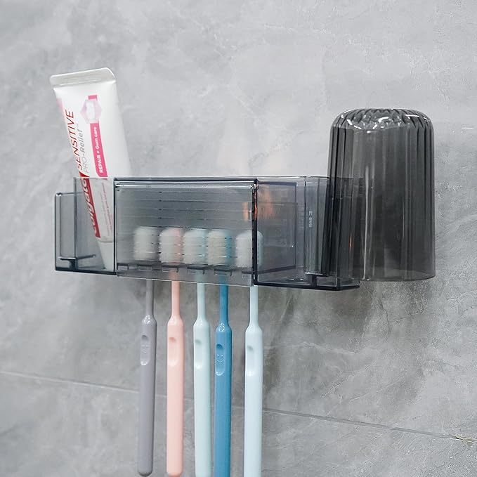 5 Slots Wall Mount Toothbrush Holder with Cover, Self Adhesive Toothbrush Storage Organizer for Shower, Toothpaste & Toothbrush Hanger for Bathroom, Medicine Cabinet, Dorm (Gray Large)