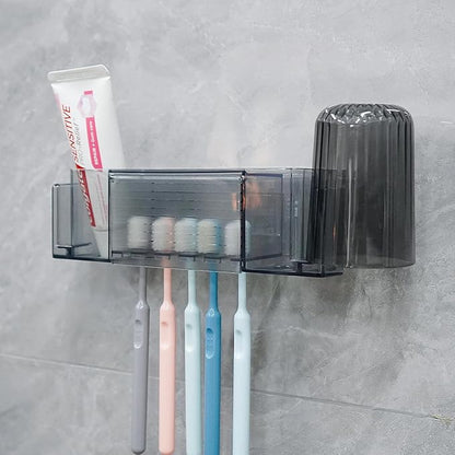 5 Slots Wall Mount Toothbrush Holder with Cover, Self Adhesive Toothbrush Storage Organizer for Shower, Toothpaste & Toothbrush Hanger for Bathroom, Medicine Cabinet, Dorm (Gray Large)