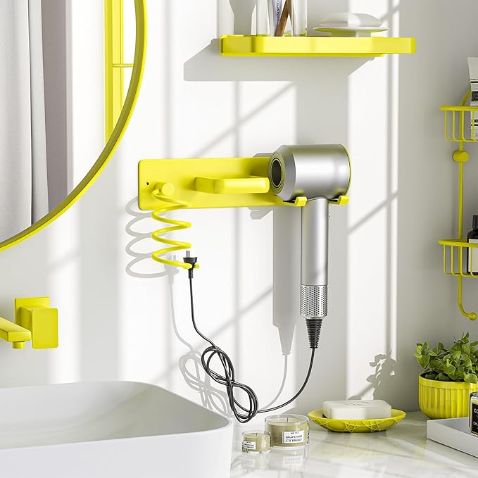 Tindbea Hair Dryer Holder Curling Iron Holder Flat Iron, Blow Dryer Holder Wall Mount, 3 in 1 Bathroom Hair Tool Organizer Rack for Universal Dryer, Bright Yellow