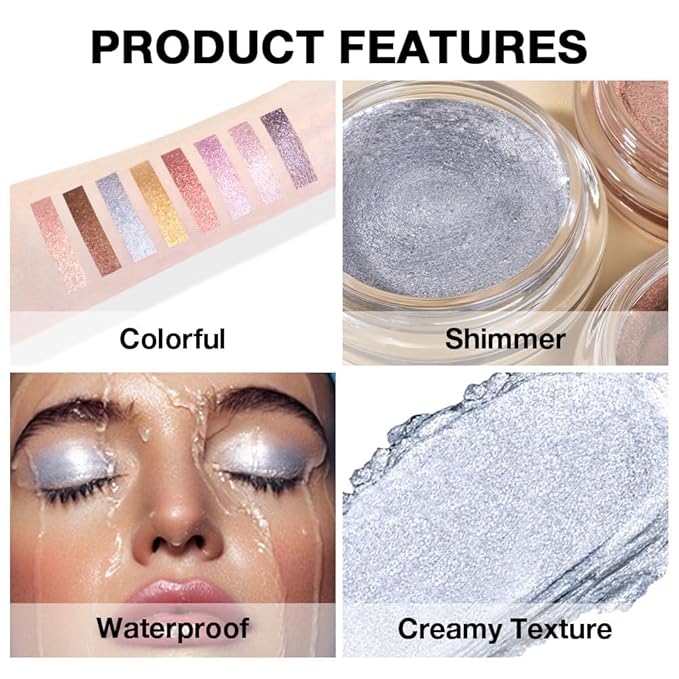Cream Glitter Grey Blue Shimmer Metallic Eyeshadow Palette Makeup, Natural Single Mini Instant Holographic Eyeshadow For Older Women, Sombras Crema Para Ojos, Talc, Paraben & Cruelty Free
