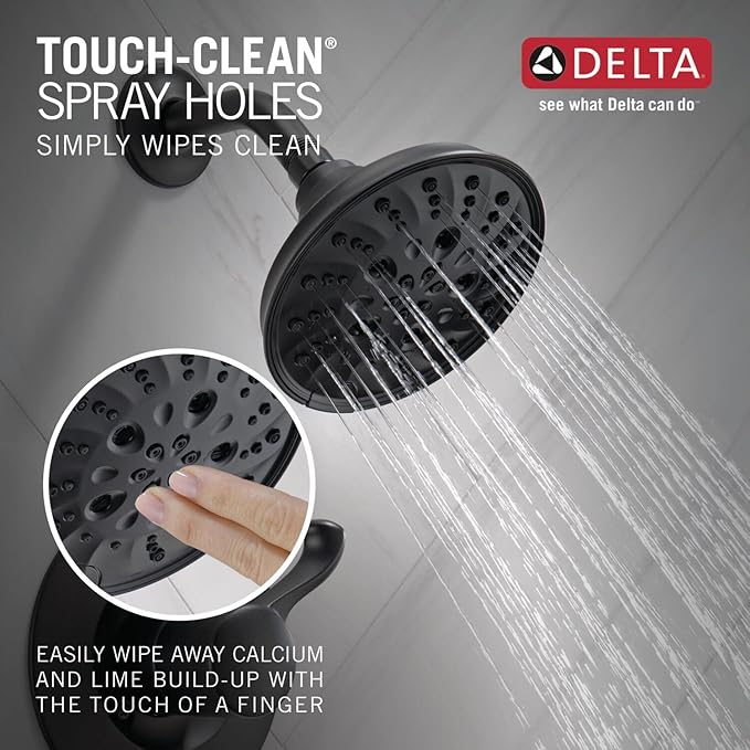 Delta Faucet Esato 14 Series Single-Handle Black Shower Faucet, Shower Trim Kit with 5-Spray H2Okinetic Black Shower Head, Matte Black 142897-BL (Valve Included)