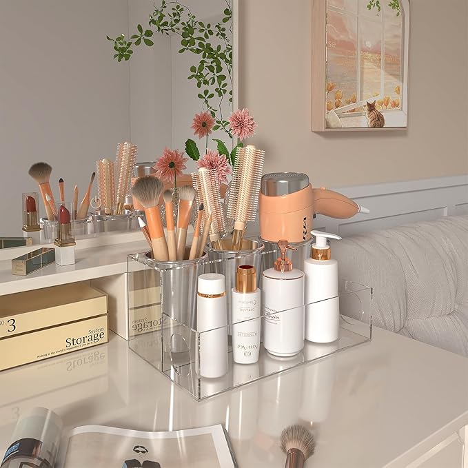 Clear Hair Tool Organizer, Blow Dryer Holder, Acrylic Bathroom Supplies Countertop and Vanity Caddy Storage for Accessories, Makeup, Toiletries