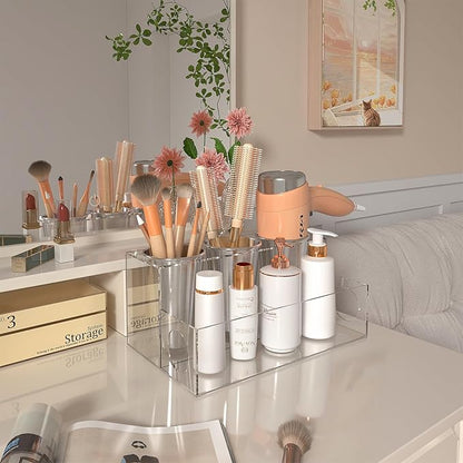 Clear Hair Tool Organizer, Blow Dryer Holder, Acrylic Bathroom Supplies Countertop and Vanity Caddy Storage for Accessories, Makeup, Toiletries