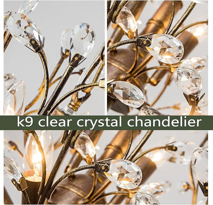 Vintage Farmhouse Chandelier 8-Light Crystal Branch Pendant Lights for Living Room Dining Room Porch Kitchen Island Bedroom Restaurant, Aged Bronze
