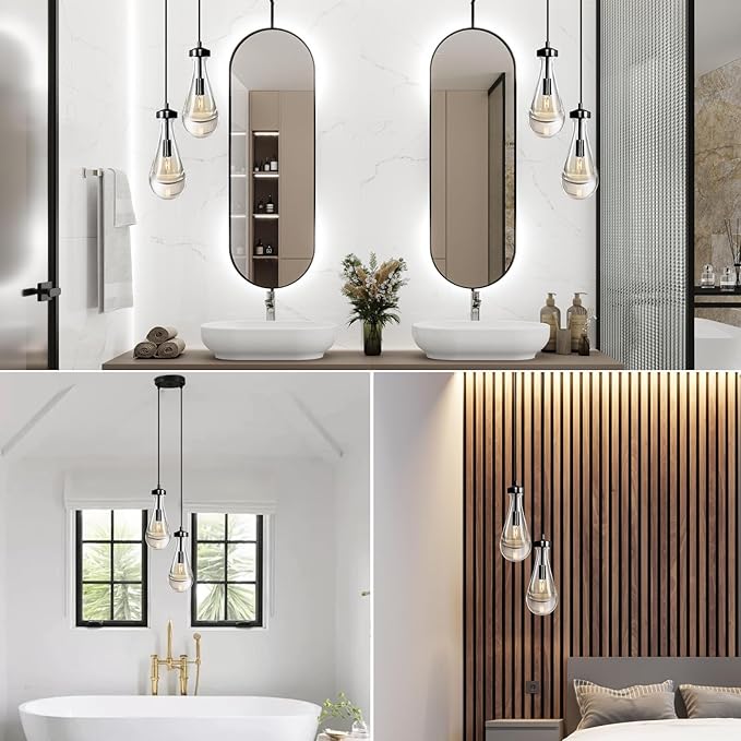 Black Raindrop Pendant Lights Kitchen Island, Bronze 2-Light Cluster Pendant Light for Dining Room, Dimmable Hanging Pendant Lighting Bedroom Light Fixture Ceiling Chandelier for Foyer