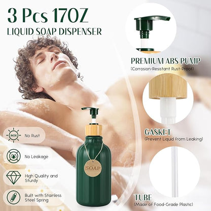 32PCS Dark Green Bathroom Accessories Set with Shower Curtain,Rugs,Trash Can,3PCS Lotion Soap Dispenser, Toothbrush Holder, Soap Dish,Tumbler Cup,6PCS Wood Tags Bath Accessories with Tray for Bathroom