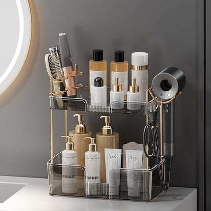 Bathroom Counter Organizer with Hair Dryer Holder, Hair Tool Countertop Storage, Cosmetics Skincare Shelf Organizer, Makeup Organizer Perfume for Dresser Vanity Tray(2 Tier-Grey)