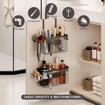 2 Pack Hair Tool Organizer,Adhesive Hair Dryer Holder Cabinet Door/Wall Mounted Adjustable Height Blow Dryer Holder Under Sink Bathroom Hair Appliance Organizer and Storage Countertop(Black)