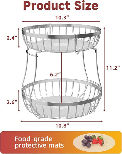 2 Tier Fruit Basket for Kitchen Counter with 2 Banana Hangers, Metal Stackable Fruit Bowl for Kitchen Counter for Bread Vegetable Fruits, Silvery
