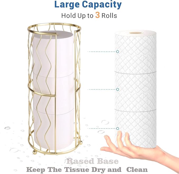 Decorative Metal Standing Toilet Tissue Holder for Bathroom/Powder Room, Compact Tissue Reserve for 3 Rolls of Toilet Paper Gold