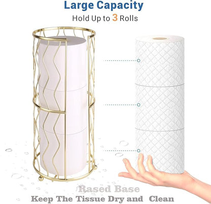Decorative Metal Standing Toilet Tissue Holder for Bathroom/Powder Room, Compact Tissue Reserve for 3 Rolls of Toilet Paper Gold