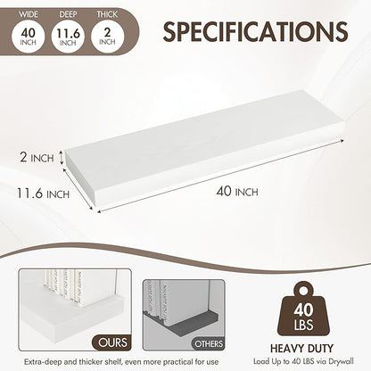 40 Inch Floating Shelves, 12" Deep Floating Shelf Wall Mounted, 40" Wall Shelves, Rustic Deep Bookshelf, Extra Deeper & Thicker Display Shelves for Bedroom, Living Room, White, Set of 2