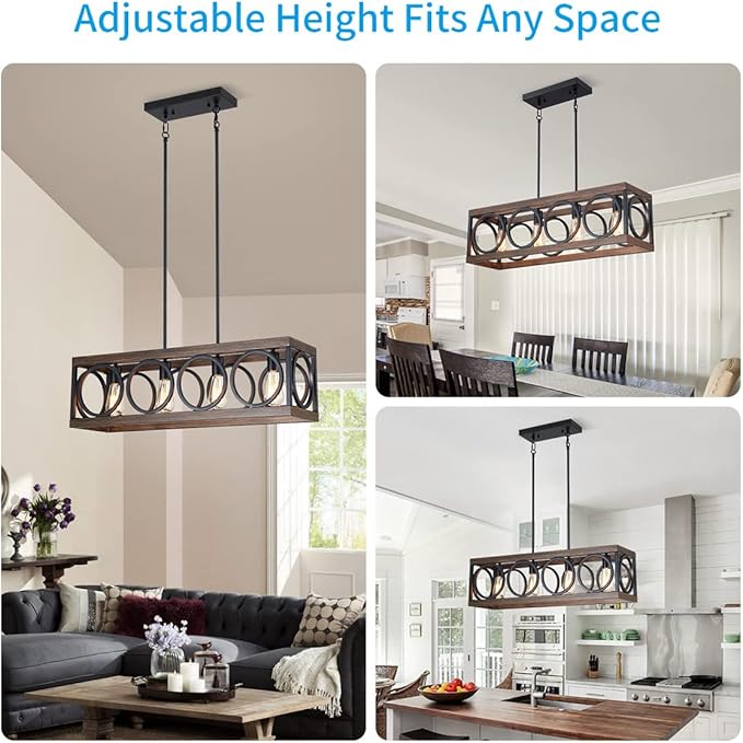 XINGQI Black Kitchen Island Light Fixtures, Farmhouse Dining Room Chandelier Rectangular Linear Chandeliers Pendant Ceiling Light Fixture for Bar Office Coffee Shop 4-Light Wood Grain