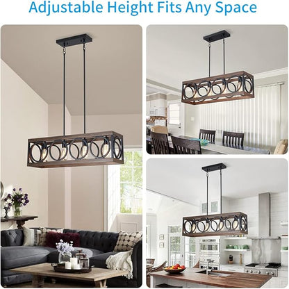 XINGQI Black Kitchen Island Light Fixtures, Farmhouse Dining Room Chandelier Rectangular Linear Chandeliers Pendant Ceiling Light Fixture for Bar Office Coffee Shop 4-Light Wood Grain