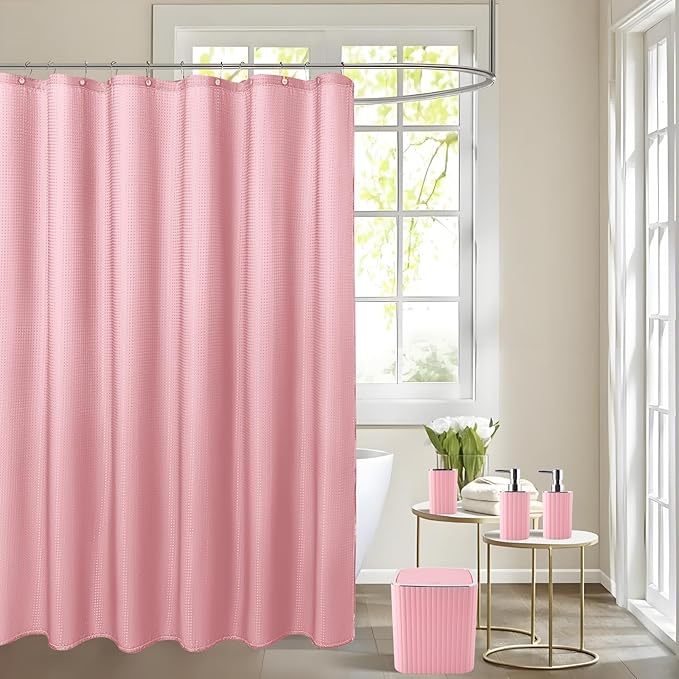 Bathroom Set with Shower Curtain and Rugs- 25PC Pink Bathroom Accessories, Shower Curtain Set, Toilet Brush, Trash Can, Qtip Holder Dispenser & Soap Dispenser