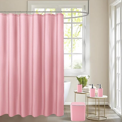 Bathroom Set with Shower Curtain and Rugs- 25PC Pink Bathroom Accessories, Shower Curtain Set, Toilet Brush, Trash Can, Qtip Holder Dispenser & Soap Dispenser