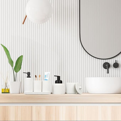 White Bathroom Accessory Set - 6 Pcs: Toothbrush Holder, Lotion & Foaming Soap Dispensers, Qtip Holder, Vanity Tray, Bathroom Tumbler, Countertop Organizer