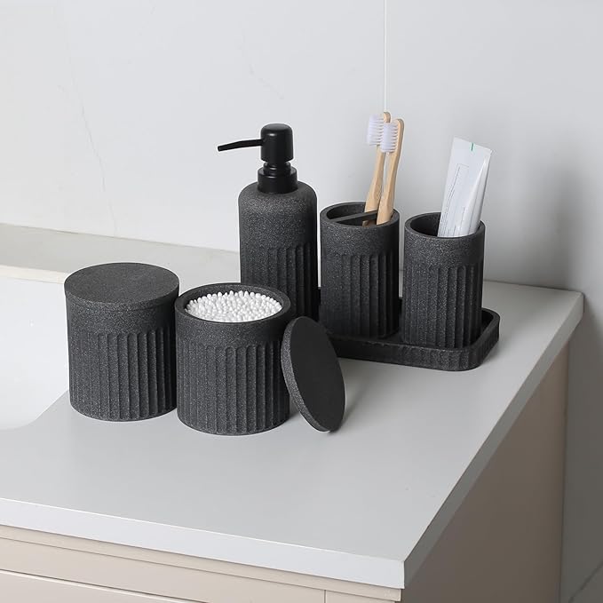 Bathroom Accessory Set - 6 Pieces Bathroom Accessories Set Complete with Soap Dispenser, Toothbrush Holders, Tumbler, Vanity Tray and 2 Qtip Holder for Home Organizer and Decor, Dark Grey