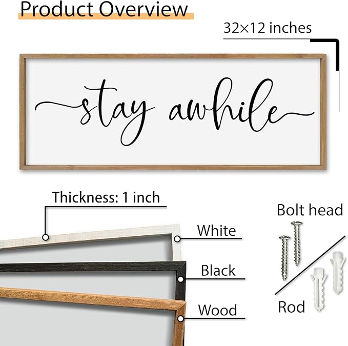 SRSZHIYUE Stay Awhile Sign Wall Decor Art 32"×12" Home Entryway Hallway Signs Large Wood Framed Wall Hanging (Wood)