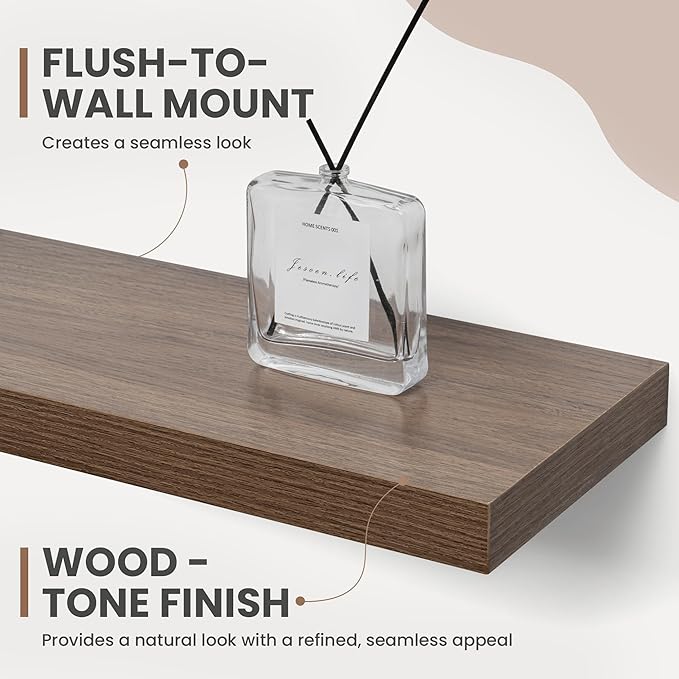 36 Inch Floating Shelves, 8 Inch Deep Floating Shelves for Wall, Hanging Shelf with Invisible Brackets, Deep Shelves for Bathroom, Bedroom, Living Room, Walnut, Set of 2
